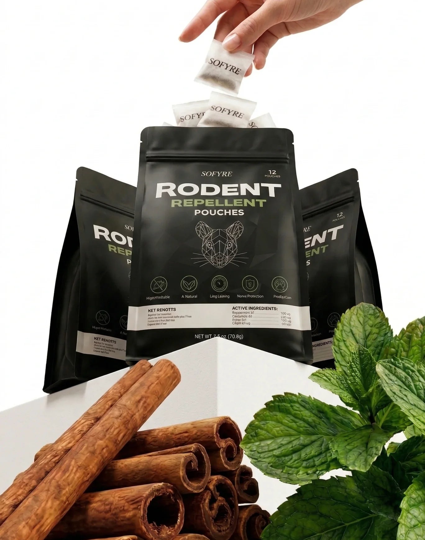 Hand placing a SoFyre rodent repellent pouch beside cinnamon and mint